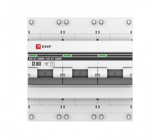 Выключатель автоматический трехполюсный 3P 80А (D) 10kA ВА 47-100M c электромагнитным расцепителем PROxima  mcb47100m-3-80D-pro  EKF