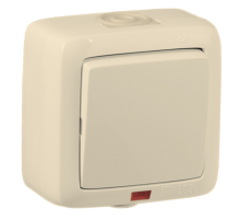 Выключатель открытой установки, одноклавишный, с индикацией, брызгозащищенный, цвет слоновая кость  ВА10-212-01  HEGEL