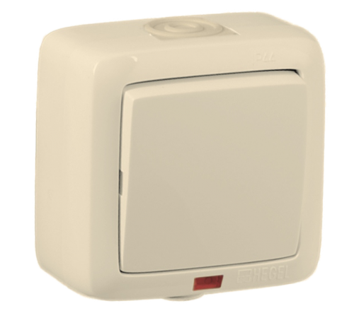 Выключатель открытой установки, одноклавишный, с индикацией, брызгозащищенный, цвет слоновая кость  ВА10-212-01  HEGEL