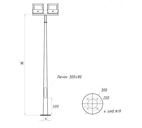Осветительный комплекс LEADER LED 2x100W D75 740 RAL9005 T-POLE 7M (в комплекте ЗДФ)  4350000070  Световые Технологии