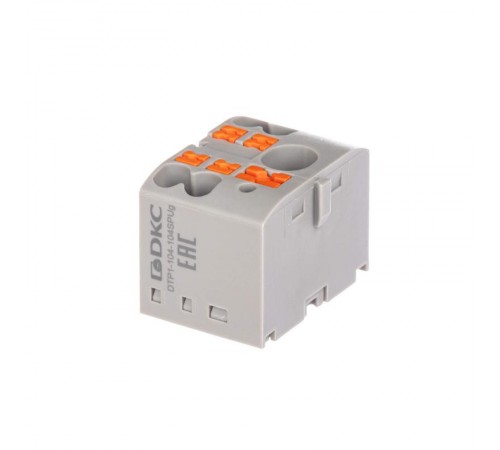 Блок распределительный, зажим push-in, 1 ввод 6 кв.мм, 4 точки подключения 2,5 кв.мм, серый  DTP1-104-104SPUG  DKC