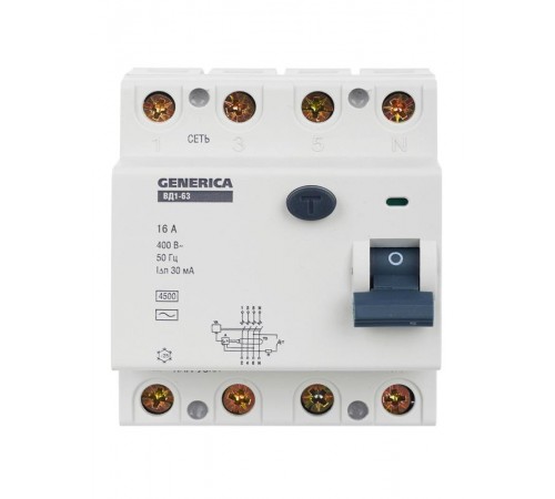 Выключатель дифференциальный (УЗО) ВД1-63 4п 16А 30мА тип AC  MDV15-4-016-030  GENERICA
