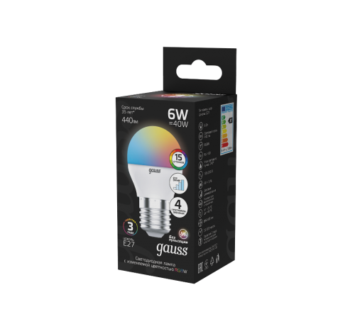 Лампа светодиодная Шар G45 6W E27 RGBW+димирование LED 1/100  105102406  Gauss