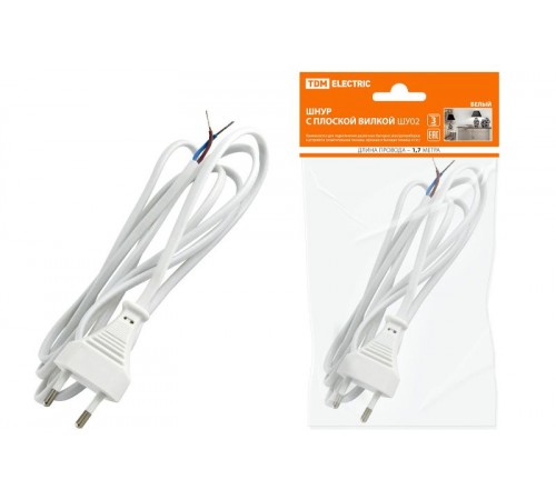 Шнур с плоской вилкой ШУ02 ШВВП 2х0,75мм2 1,7 м. белый  SQ1305-0011  TDM
