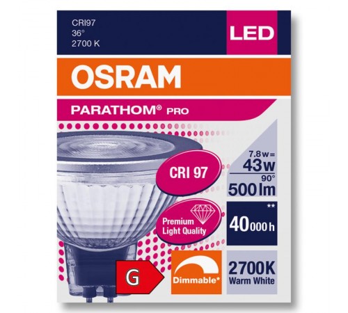 Лампа диммируемая светодиодная PARATHOM PRO MR16 500лм 7,8Вт 2700К GU5.3 колба MR16 36° прозр стекло 12В  4058075609372  OSRAM