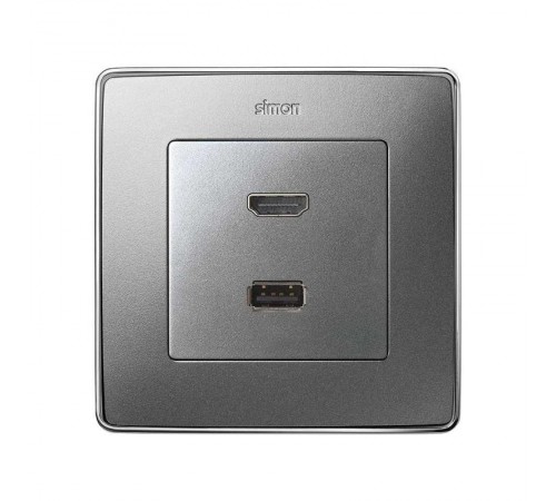 Накладка для розетки HDMI + USB 2.0 для передачи данных цвета холодный алюминий S82 Detail  8201095-093  Simon