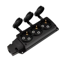 Розетка (колодка) влагозащищенная с крышкой 3 гнезда COMPACT, с/з, 16А, IP54, каучук, черная  111-223  REXANT