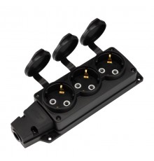Розетка (колодка) влагозащищенная с крышкой 3 гнезда COMPACT, с/з, 16А, IP54, каучук, черная  111-223  REXANT
