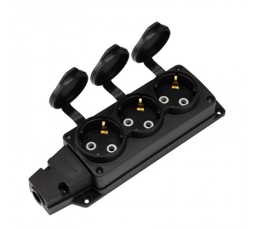 Розетка (колодка) влагозащищенная с крышкой 3 гнезда COMPACT, с/з, 16А, IP54, каучук, черная  111-223  REXANT