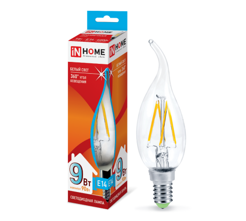 Лампа светодиодная LED-СВЕЧА НА ВЕТРУ-deco 9Вт 230В Е14 4000К 810Лм прозр  4690612026244  IN HOME