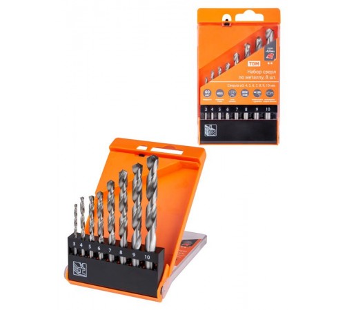 Набор сверл по металлу, 8 шт. (3-4-5-6-7-8-9-10) мм, полир., HSS, ц. хв., пласт. уп., "Рубин"  SQ1093-0101  TDM