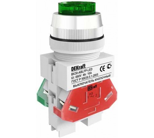 Выкл. кноп. ABLFP 30 мм Цвет:ЗЕЛЕНЫЙ LED 220В ВK-30 a  25047DEK  DEKraft