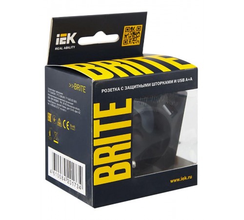 BRITE Розетка с заземлением со шторками 16А с USB A+A 2,1А РЮш10-1-БрГ графит  BR-R14-16-U21-D21-K53  IEK