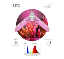 Фитолампа для растений светодиодная  GREEN LINE ФИТО-20W-PL-E27-GR 2-х лепестковая красно-синего спектра 20 Вт Е27  Б0064517  ЭРА