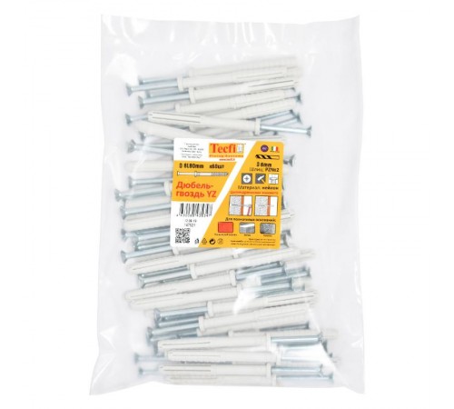 Дюбель-гвоздь YZ цилиндр. манжета нейлон 8x80 (60 шт)- пакет  147521  Tecfi