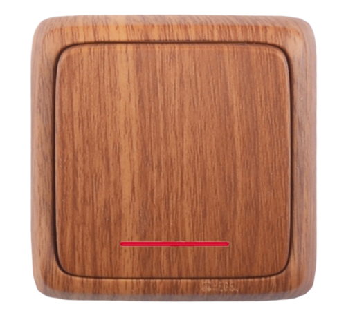 Выключатель открытой установки, одноклавишный, с индикацией, с изолирующей пластиной, цвет дуб  ВА10-114-05  HEGEL