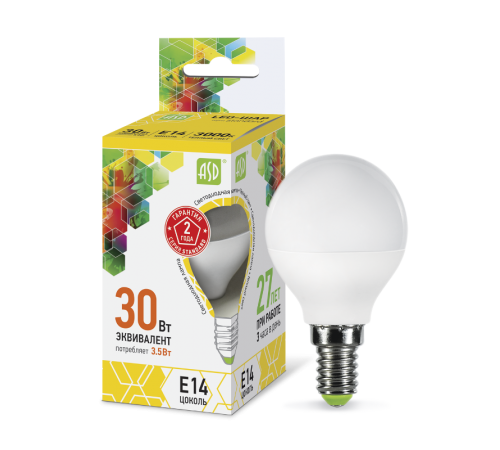 Лампа светодиодная LED-ШАР-standard 3.5Вт 230В Е14 3000К 320Лм  4690612000367  ASD