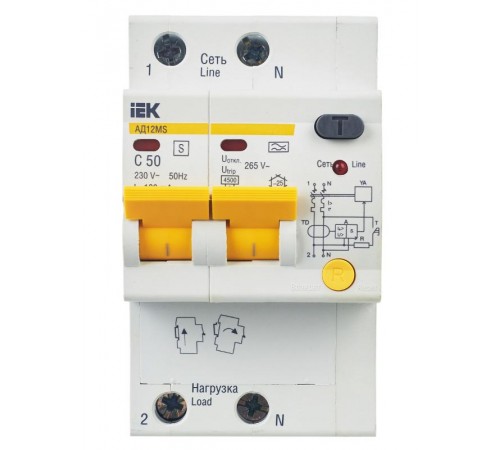 Выключатель автоматический дифференциального тока АД12MS 2п 50А C 100мА тип A (3 мод)  MAD123-2-050-C-100  IEK