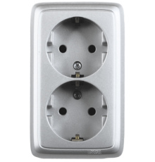 Розетка открытой установки, двухместная, с заземляющим контактом, цвет серебро  РА16-151-06  HEGEL