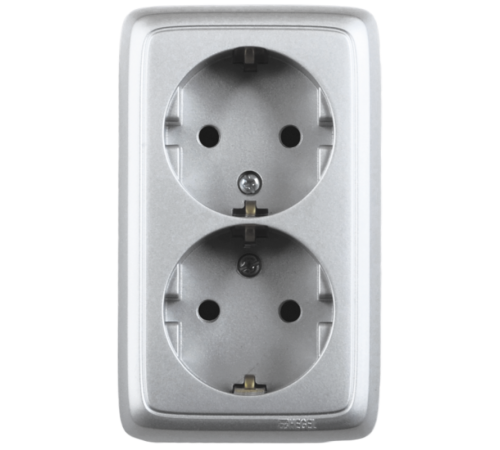 Розетка открытой установки, двухместная, с заземляющим контактом, цвет серебро  РА16-151-06  HEGEL