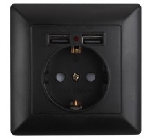 Розетка Intro Solo 4-410-05 с заземлением P+E Schuko со шторками, 16А-250В + 2хUSB, IP20, СУ, антрацит  Б0053717  Intro