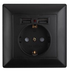 Розетка Intro Solo 4-410-05 с заземлением P+E Schuko со шторками, 16А-250В + 2хUSB, IP20, СУ, антрацит  Б0053717  Intro