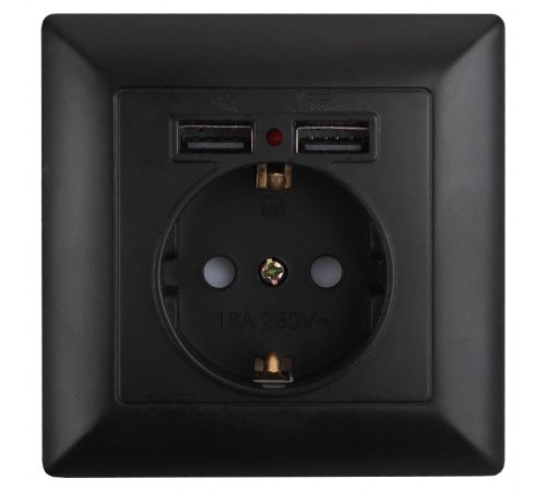 Розетка Intro Solo 4-410-05 с заземлением P+E Schuko со шторками, 16А-250В + 2хUSB, IP20, СУ, антрацит  Б0053717  Intro