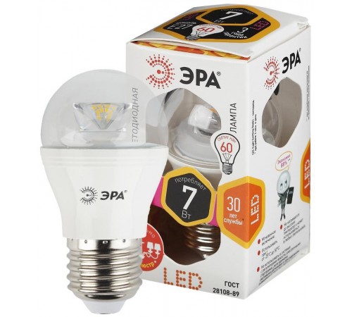 Лампа светодиодная LED P45-7W-827-E27-Clear (диод,шар,7Вт,тепл,E27)  Б0017243  ЭРА
