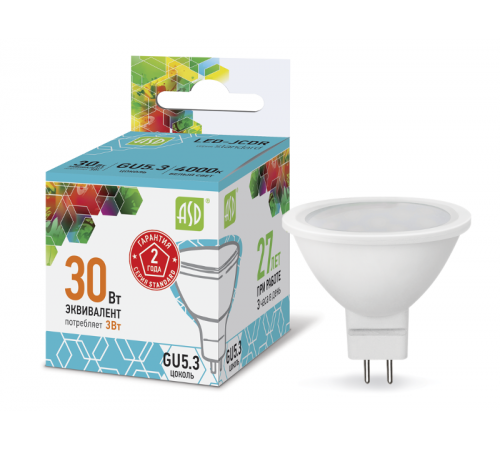 Лампа светодиодная LED-JCDR-standard 3Вт 230В GU5.3 4000К 270Лм  4690612001418  ASD