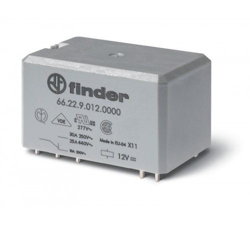 Силовое электромеханическое реле; монтаж на печатную плату, раздвоенные выводы; 2NO 30A; контакты AgCdO; катушка 24В DC  662290240303  Finder