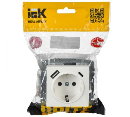 BRITE Розетка с заземлением со шторками 16А с USB A+C 18Вт РЮш11-1-БрБ белый  BR-R14-16-U22-018-K01  IEK