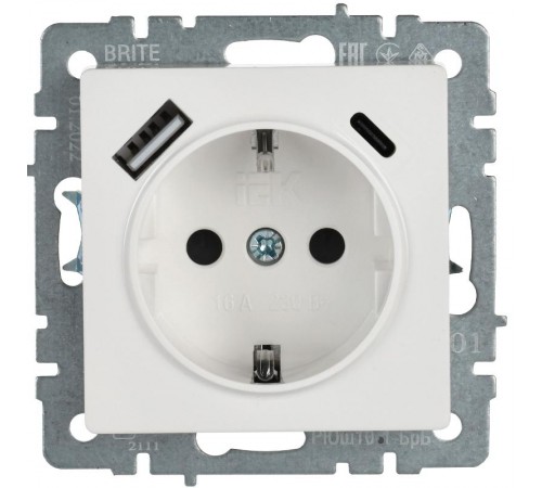 BRITE Розетка с заземлением со шторками 16А с USB A+C 18Вт РЮш11-1-БрБ белый  BR-R14-16-U22-018-K01  IEK