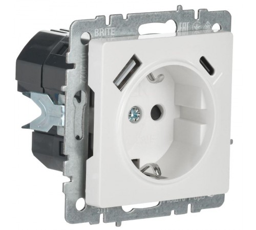 BRITE Розетка с заземлением со шторками 16А с USB A+C 18Вт РЮш11-1-БрБ белый  BR-R14-16-U22-018-K01  IEK