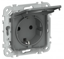 FLITE Розетка с заземлением со шторками с крышкой. 16А IP44 РСшкр11-0-44-ФлМА мокрый асфальт  FI-R16-16-44-K80  IEK