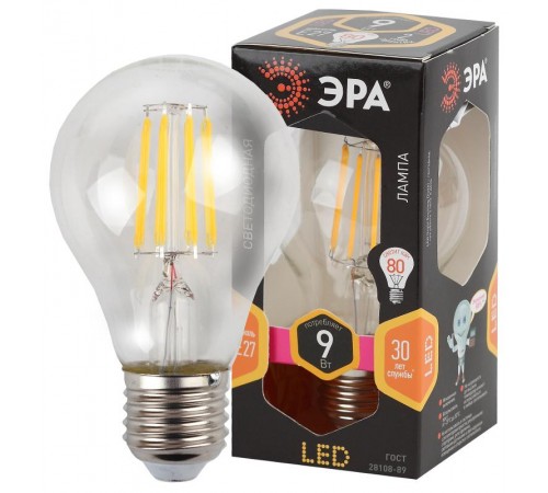 Лампа светодиодная F-LED A60-9W-827-E27 (филамент, груша, 9Вт, тепл, Е27)  Б0043433  ЭРА
