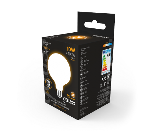 Лампа светодиодная Filament G125 10W 1070lm 3000К Е27 milky LED 1/20  187202110  Gauss