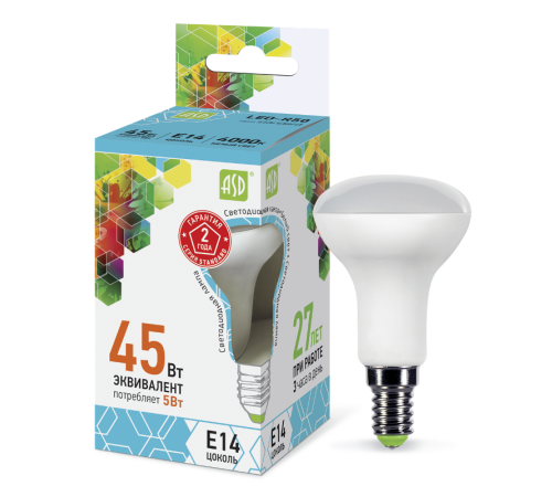 Лампа светодиодная LED-R50-standard 5Вт 230В Е14 4000К 450Лм  4690612001517  ASD