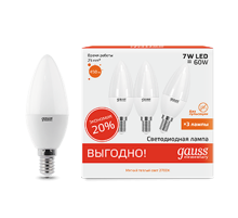 Лампа светодиодная LED 7Вт E14 220В 2700К Elementary свеча (3 лампы в упаковке)  33117T  Gauss