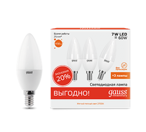 Лампа светодиодная LED 7Вт E14 220В 2700К Elementary свеча (3 лампы в упаковке)  33117T  Gauss