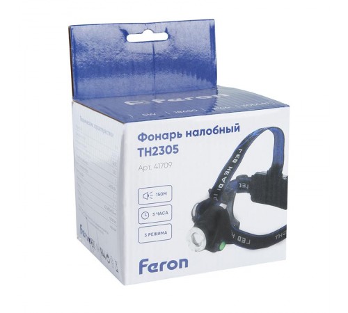 Фонарь налобный светодиодный аккумуляторный 5W, IP44, пластик/алюминий, TH2305  41709  FERON