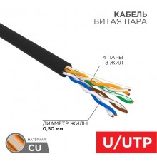 Кабель витая пара U/UTP, категория 5e, PE, 4PR, 24AWG, внешний, черный, 100 м  01-0045-100  REXANT