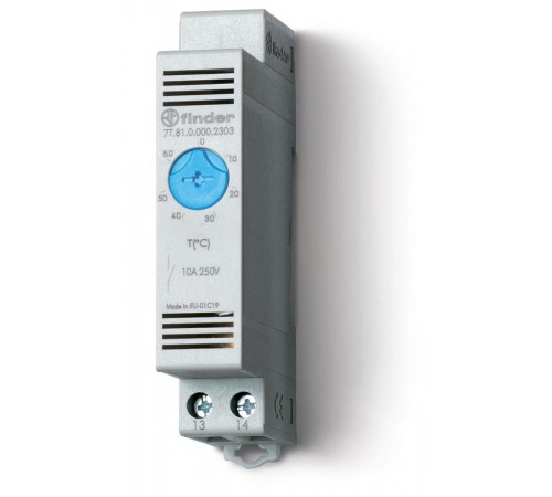 Щитовой термостат для включения охлаждения; диапазон температур 0...+60°C; 1NO 10A; модульный, ширина 17.5мм  7T8100002303PAS  Finder