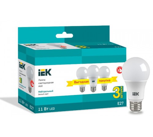 Лампа светодиодная LED A60 груша 11Вт 230В 4000К E27 (3шт/упак)  LLE-A60-11-230-40-E27-3  IEK