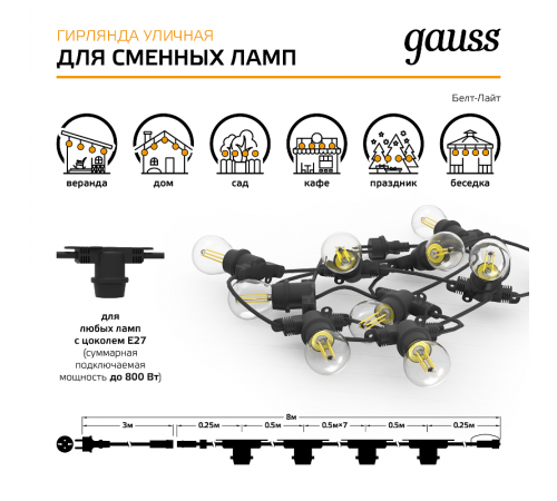 Гирлянда "Белт Лайт" серия Holiday для сменных ламп Е27, 10 ламп, 8 м, IP65, черный, 1/8  HL070  Gauss