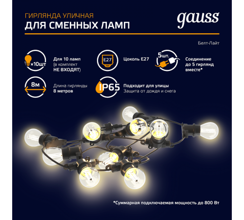 Гирлянда "Белт Лайт" серия Holiday для сменных ламп Е27, 10 ламп, 8 м, IP65, черный, 1/8  HL070  Gauss