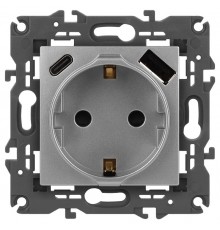Розетка Elegance 14-4108-03 2P+E 16A-250В со шторками с USB type-A+C 5В-3А алюминий  Б0067741  ЭРА