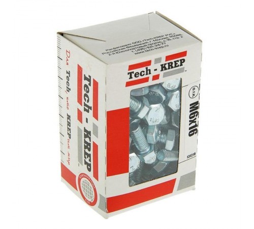 Болт DIN933 8.8 с шестигранной головкой оцинк. М6х16 (100 шт) - коробка с ок. Tech-K ( 0,517 кг)  105200  Tech-KREP