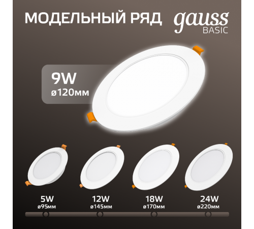Светильник  Basic Downlight круг 9W 720lm 4000K 170-260V IP20 120*26 белый LED 1/100  9030420209  Gauss