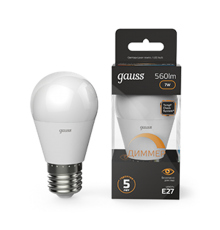 Лампа светодиодная LED 7Вт E27 220В 3000К шар, диммируемая  105102107-D  Gauss