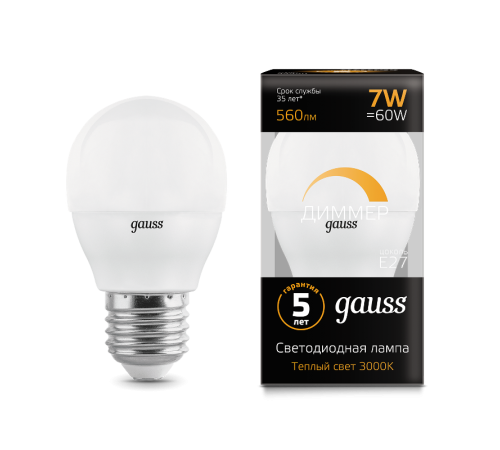 Лампа светодиодная LED 7Вт E27 220В 3000К шар, диммируемая  105102107-D  Gauss